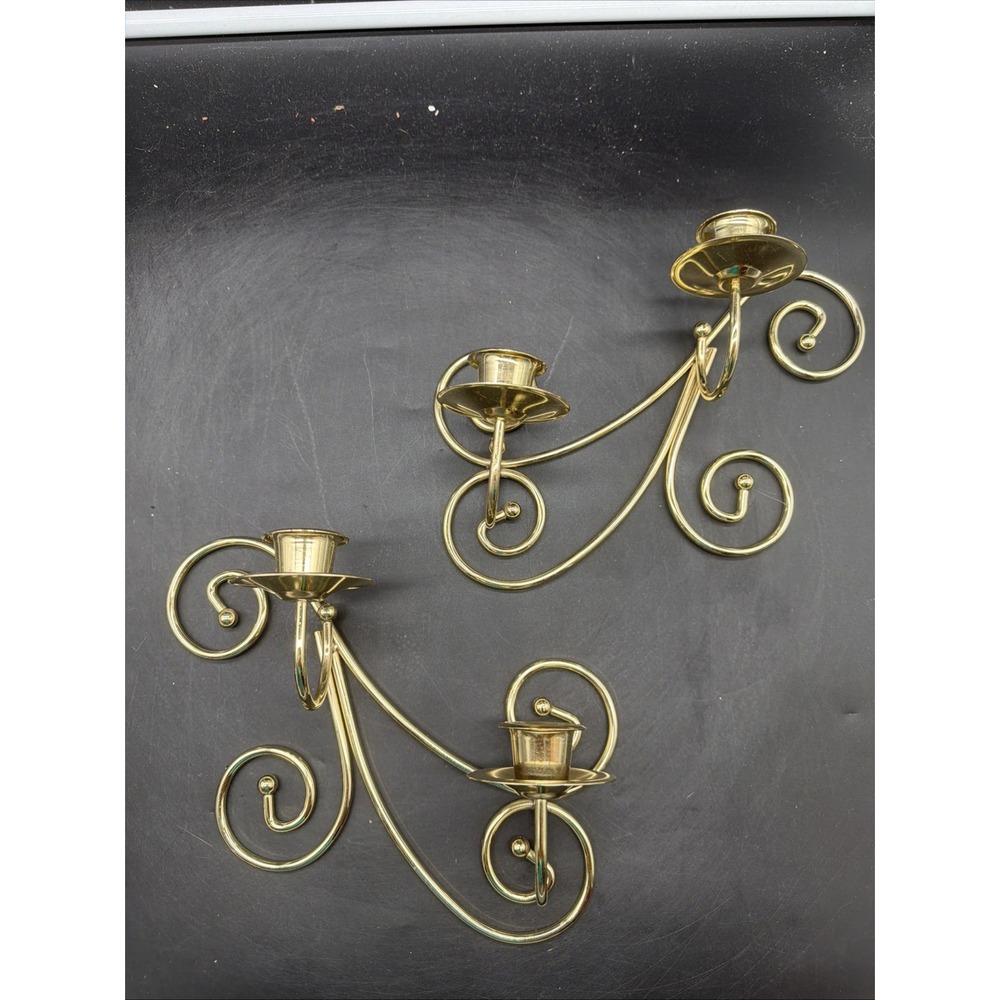 VTG Home Interiors Gold Swirl Wall Mounted Sconce Taper Candle Holder set of 2